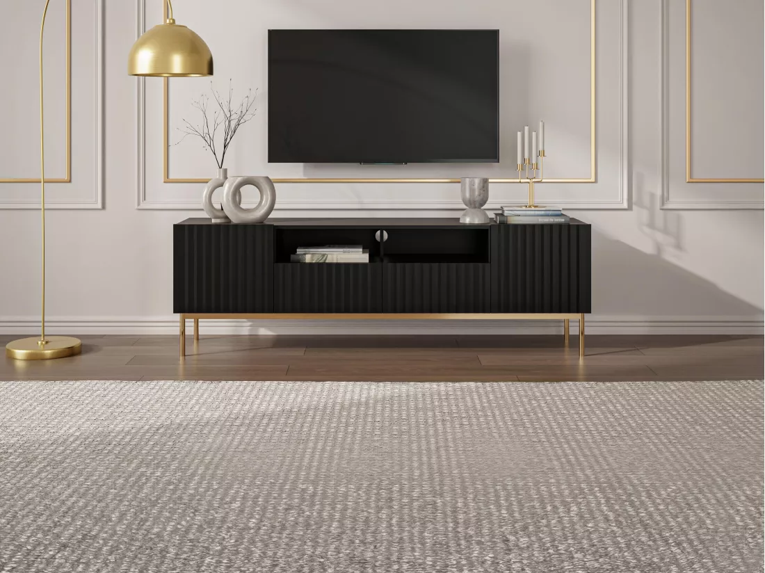 Meuble TV avec 2 portes, 2 tiroirs et 2 niches en MDF et acier - Noir et doré - EVILANA