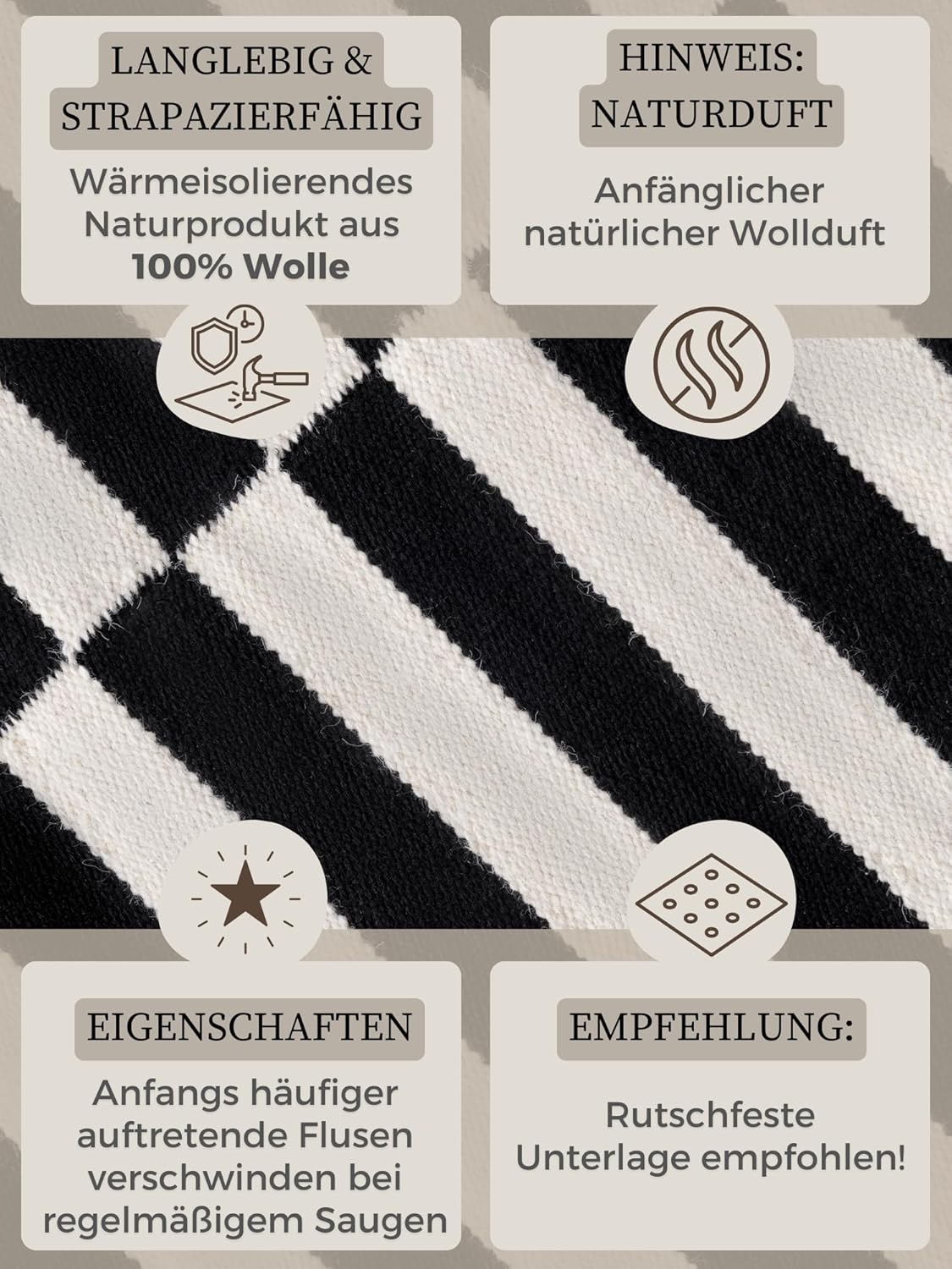 Hanse Home Wollteppich Donna - Natur Wohnzimmerteppich - Handgewebt & Natürlich - Streifen Design Wolle Modern für Wohnzimmer, Schlafzimmer, Esszimmer, Flur - Schwarz Natur Weiß, 200x300cm