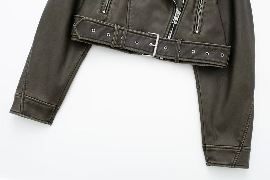 Morhan - Effen imitatieleren cropped bikerjack met rits