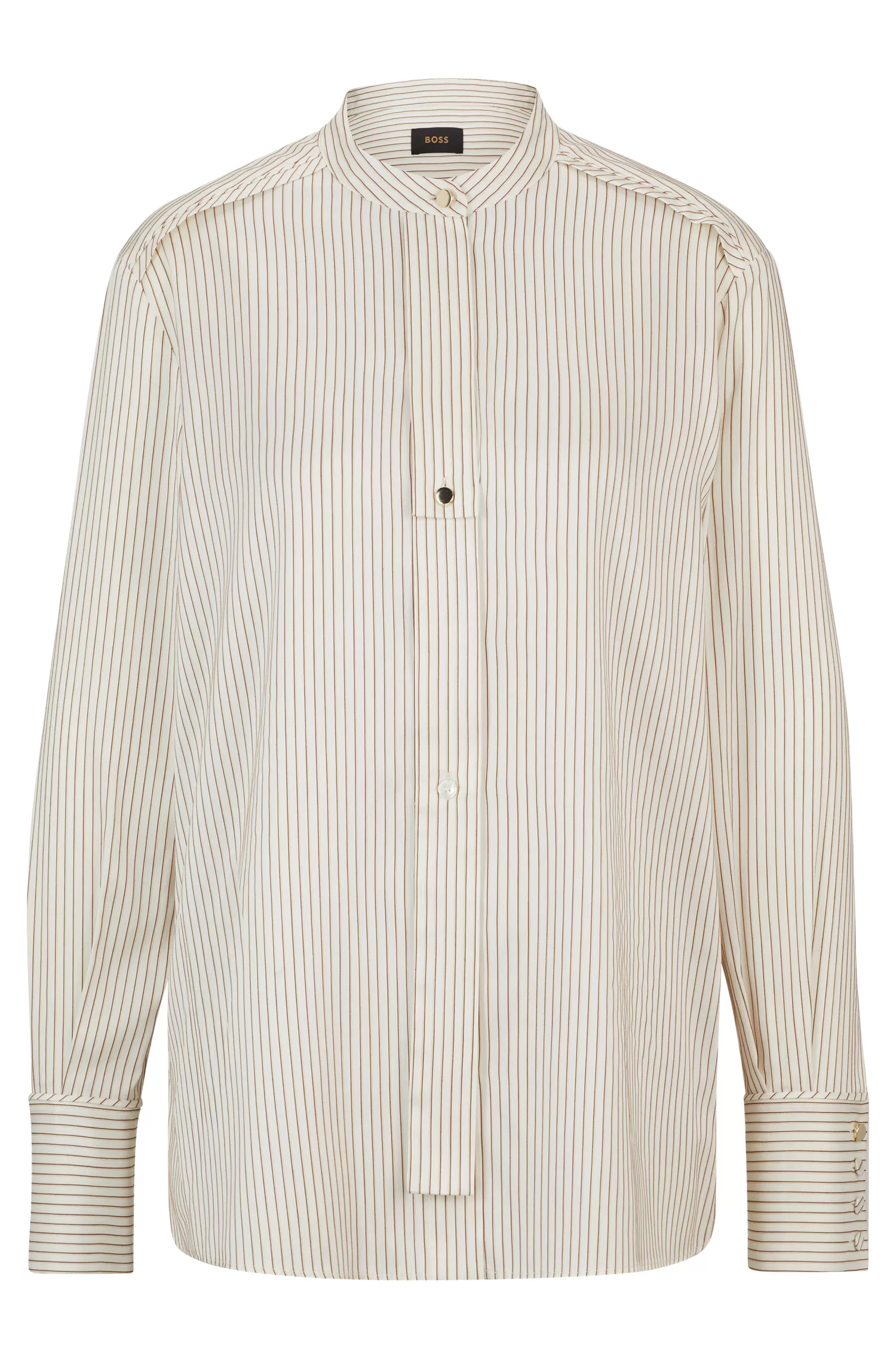 Blusa BOSS preta de modelagem relaxada em seda e algodão listrados.