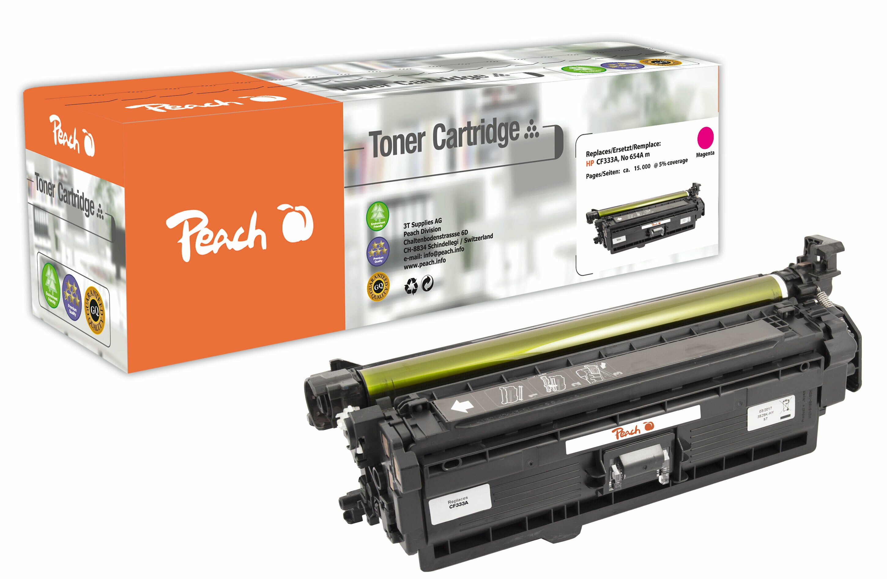 Peach HP 654 AM Toner ma ersetzt HP No. 654A M, CF333A für z.B. HP Color LaserJet Enterprise M 651 dn, HP Color LaserJet Enterprise M 651 n (wiederaufbereitet)