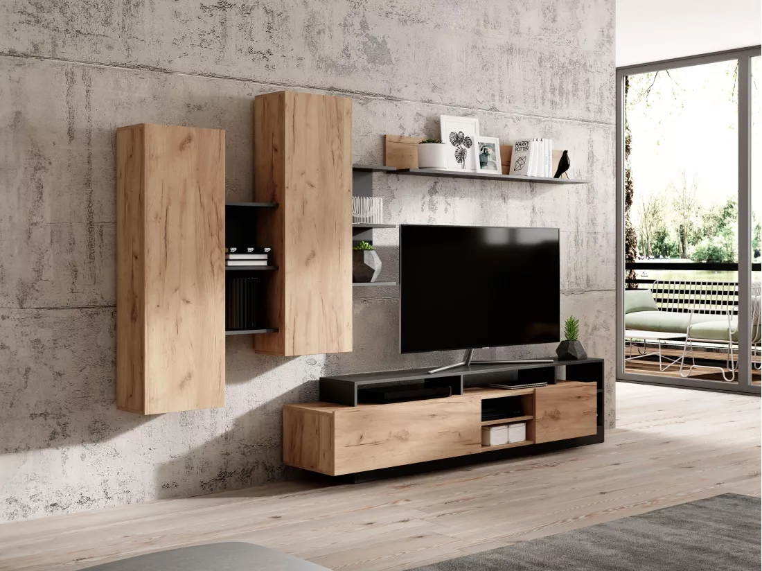 Mur TV avec rangements - Coloris : Naturel et anthracite - IDESIA