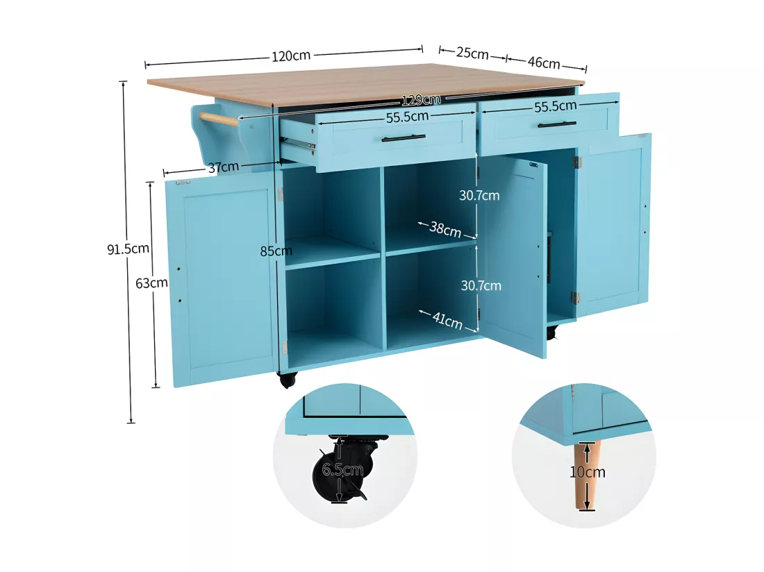 Ilot central de cuisine avec 2 tiroirs - Plateau extensible - pieds en roulettes ou en bois massif - Bleu Ciel