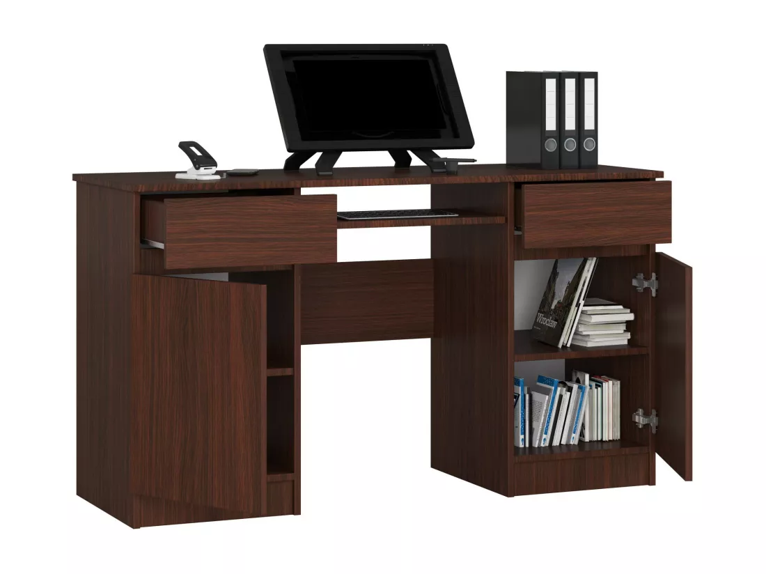 Bureau d'ordinateur AKORD A5 Wengé 135 cm 2 portes 2 tiroirs façade Wengé 5 étagères 135x50x77 cm