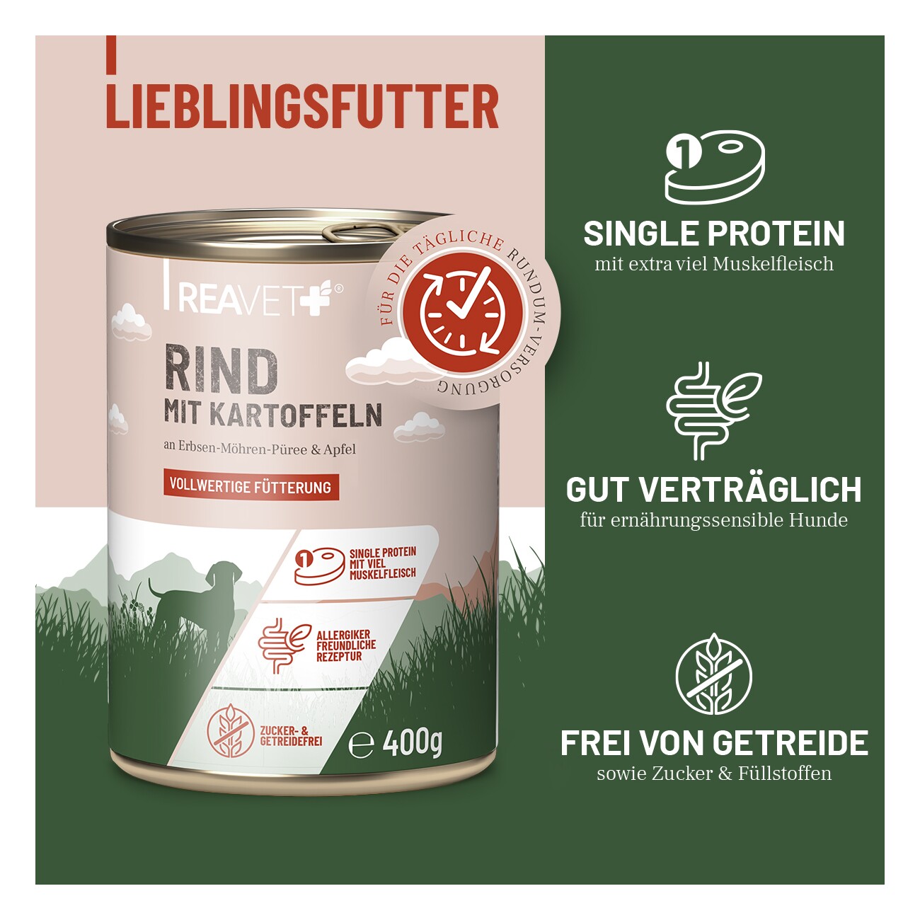 REAVET Hundenassfutter - Rind mit Kartoffeln an Erbsen-Möhren-Püree & Apfel 6x400 g