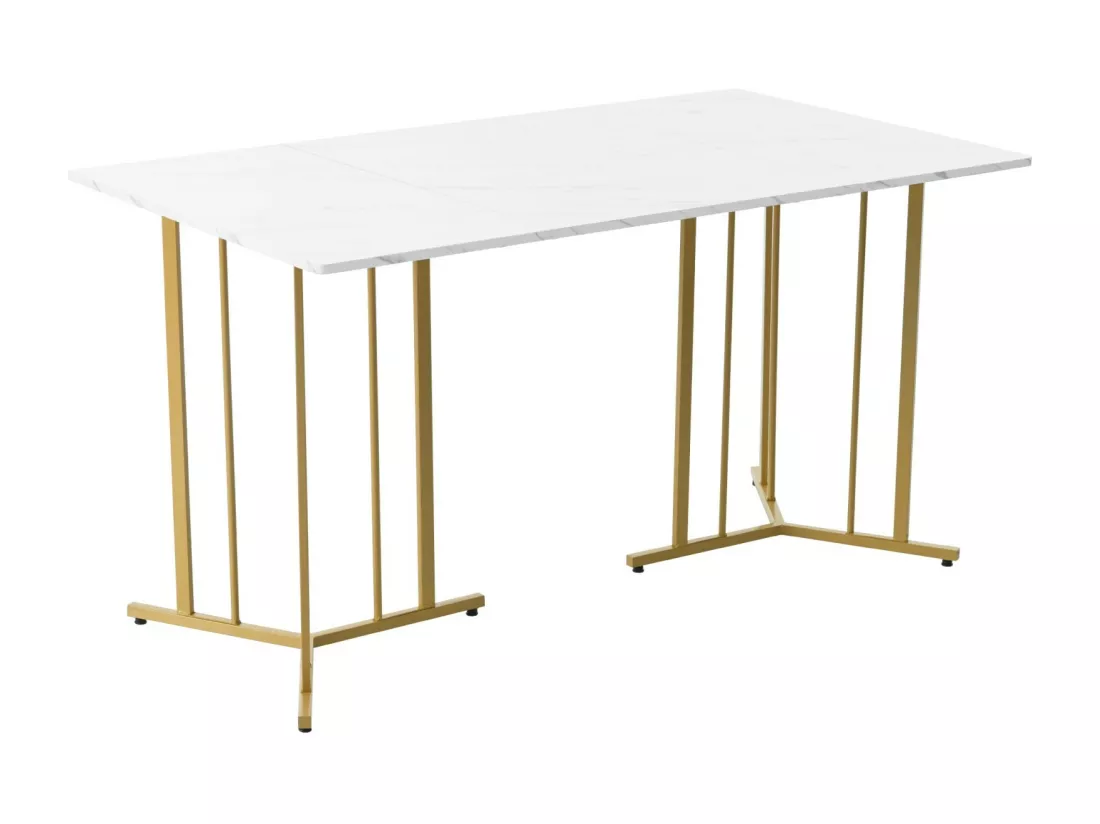Table à manger 4 personnes en MDF et métal, avec pieds réglables, motif en marbre, 140x80x75cm, Blanc