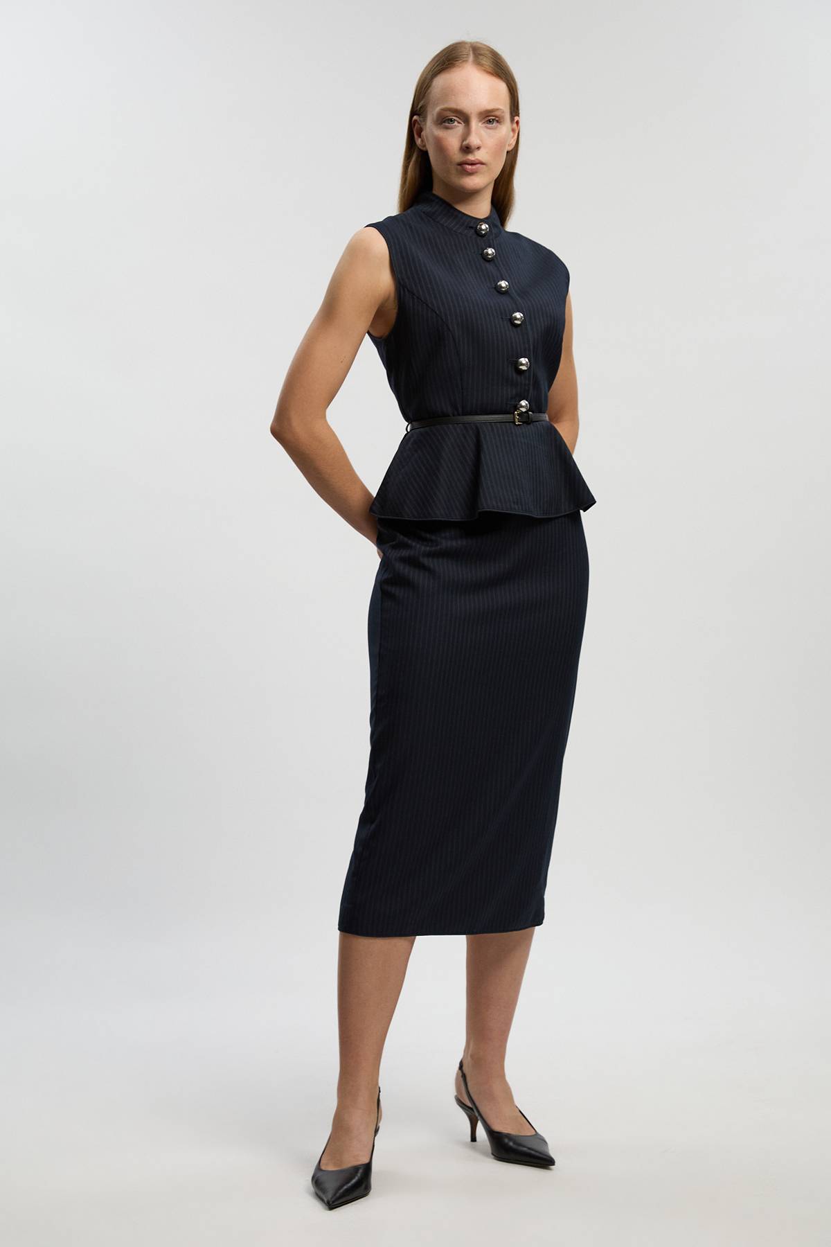 KarenMillen Robe Midi Cintrée À Rayures Tennis Avec Basque Et Ceinture
