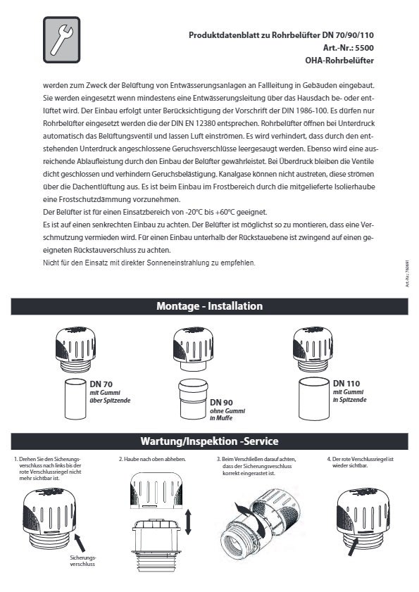 HAAS® buisbeluchter DN 70/90/110 volgens DIN EN 12380, 28 l/s met vorstbeschermingskap, 5500