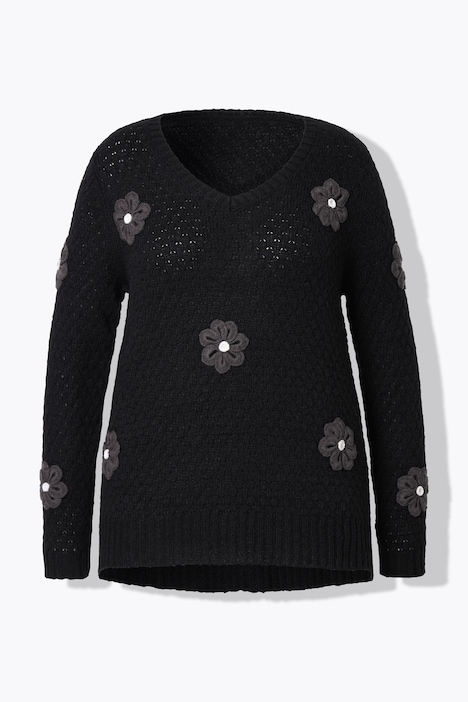 Pullover, Classic Fit, 3D Blüten, Seitenschlitze