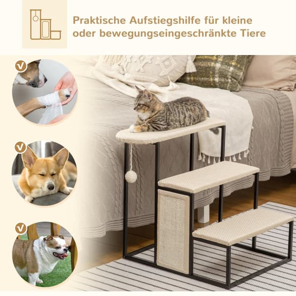 Pet Stairs 3-Trinns Kattetrapper Hundetrapper Med Skrapebrett Og Hengende Lekeball Dyretrapper Stål Sisal Creme White + Black 51X54X53Cm