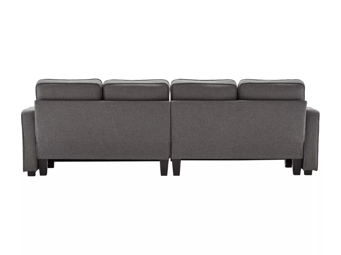 Canapé 4 places, 264x83x87cm, tissu lin, avec poches d'accoudoir et 4 coussins, style simple, pour le salon, gris foncé