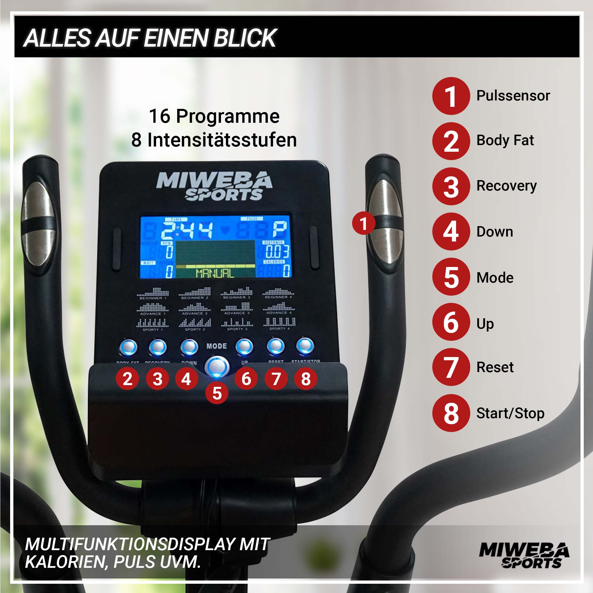 Miweba Sports Crosstrainer MC300, 21 kg Schwungmasse, verstellbar, Pulsgurt, mit App, Magnetbremse (Weiß/Schwarz)