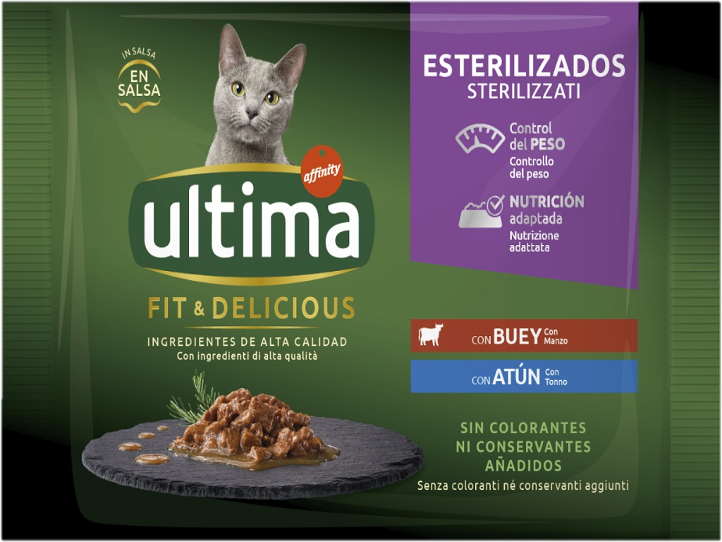 COMIDA HÚMIDA PARA GATO ULTIMA ESTERILIZADO VACA / ATUM 4X85G