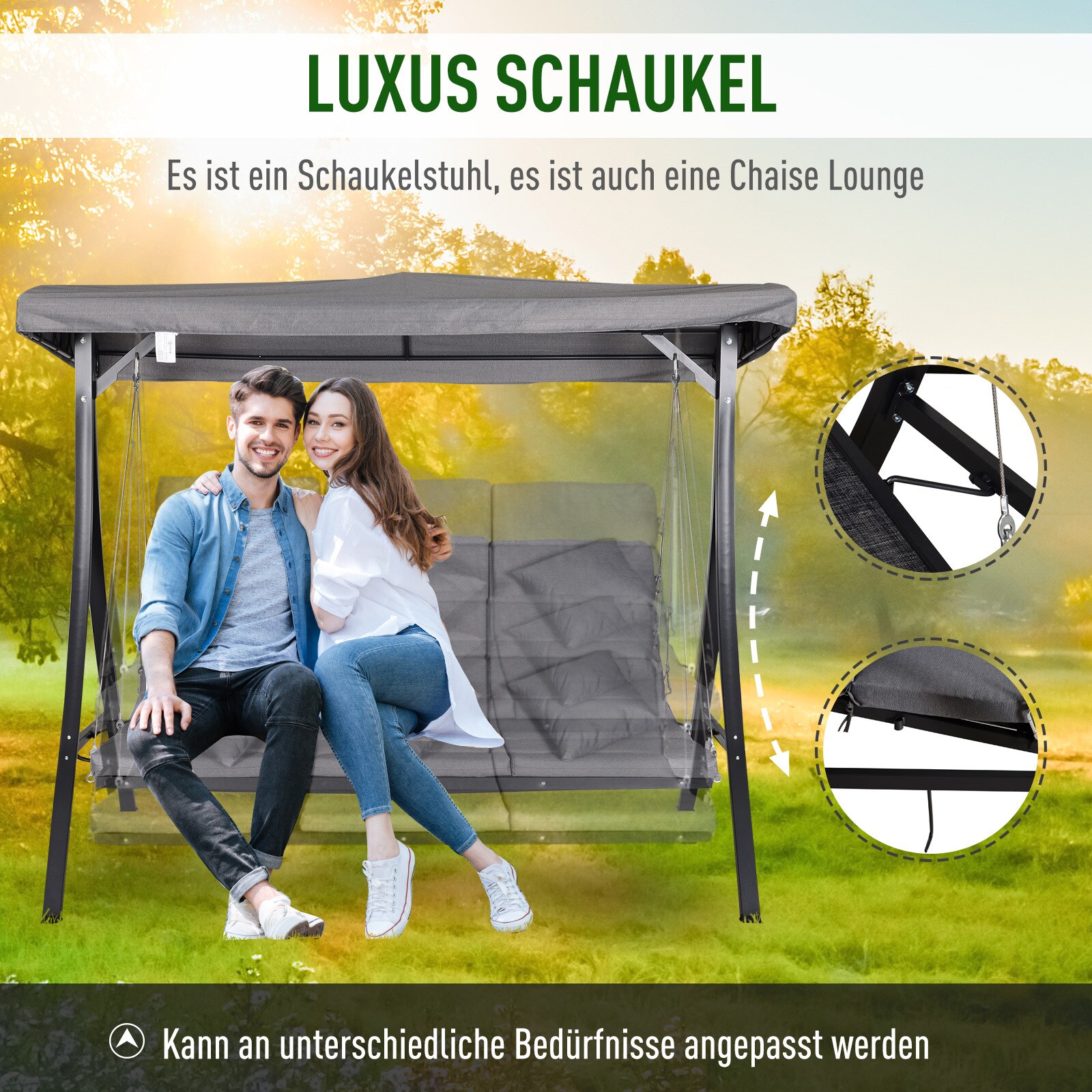 Outsunny Hollywoodschaukel als 3-Sitzer grau/schwarz 200 x 115 x 168 cm (BxTxH)