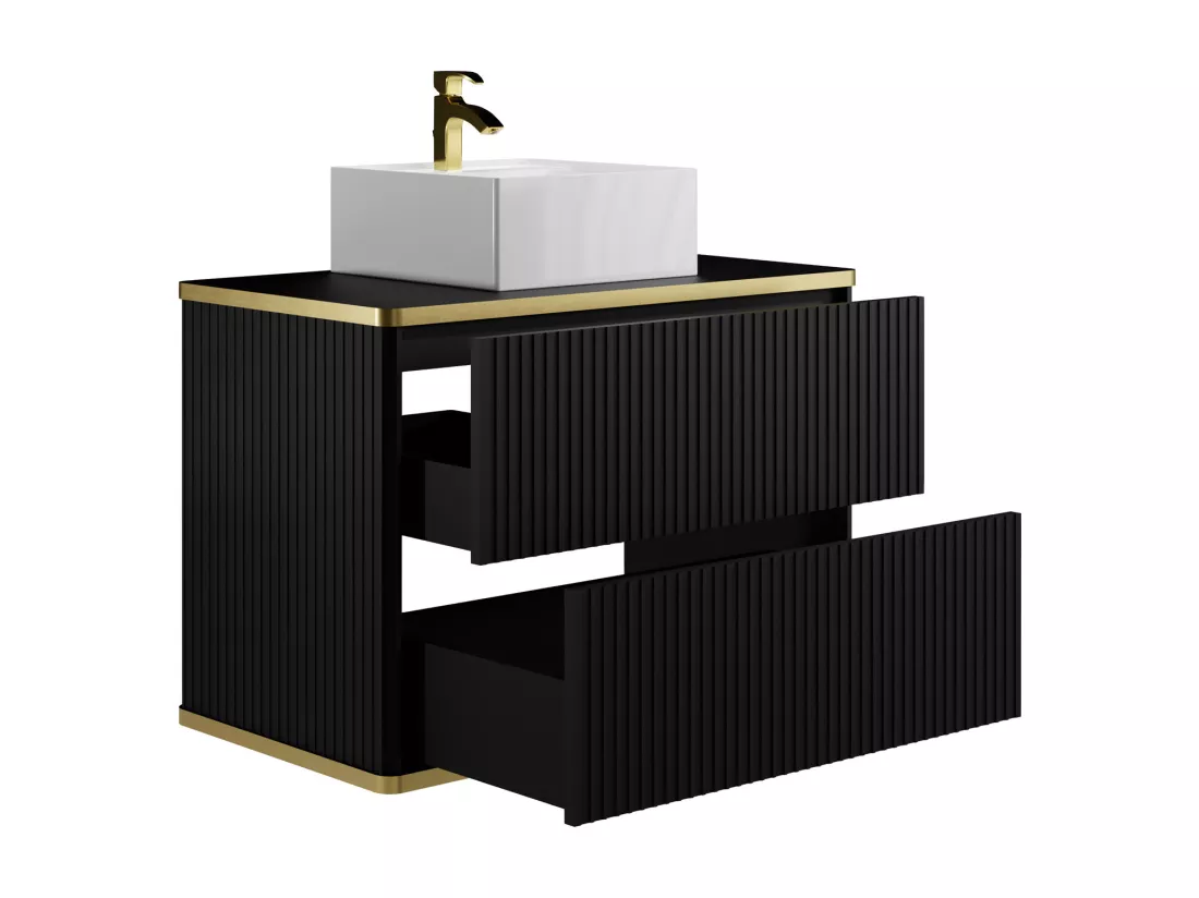 Meuble de salle de bain suspendu strié liseré doré avec vasque à poser carrée - Noir - 80 cm - KELIZA