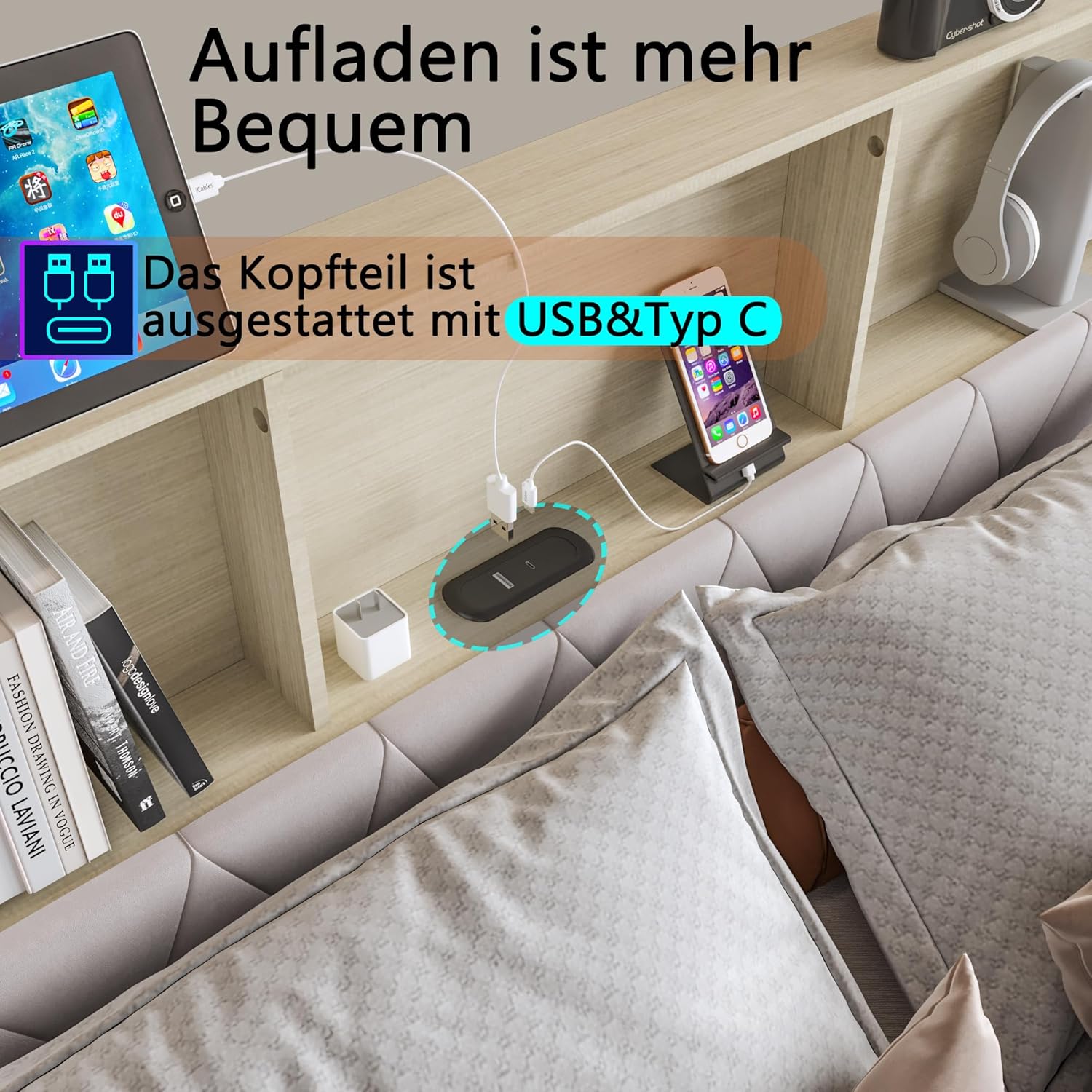 Bett mit Schublade, 180 x 200 cm, Doppelbett, gepolstert, mit 4 Schubladen, Bett, Truhe mit LED und USB-Aufladung, Bettgestell mit Kopfteil für Erwachsene Jugendliche, Samt, Beige