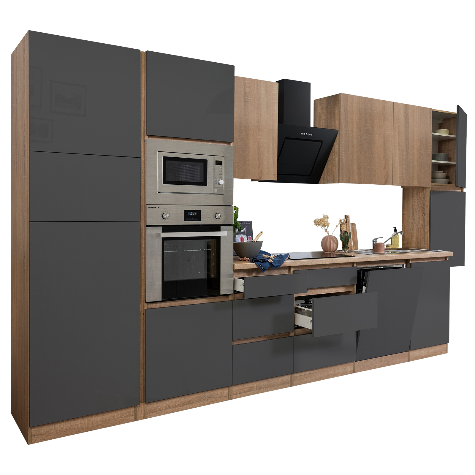 RESPEKTA Küchenblock - grau Hochglanz-Eiche Sägerau - mit E-Geräten - 395 cm