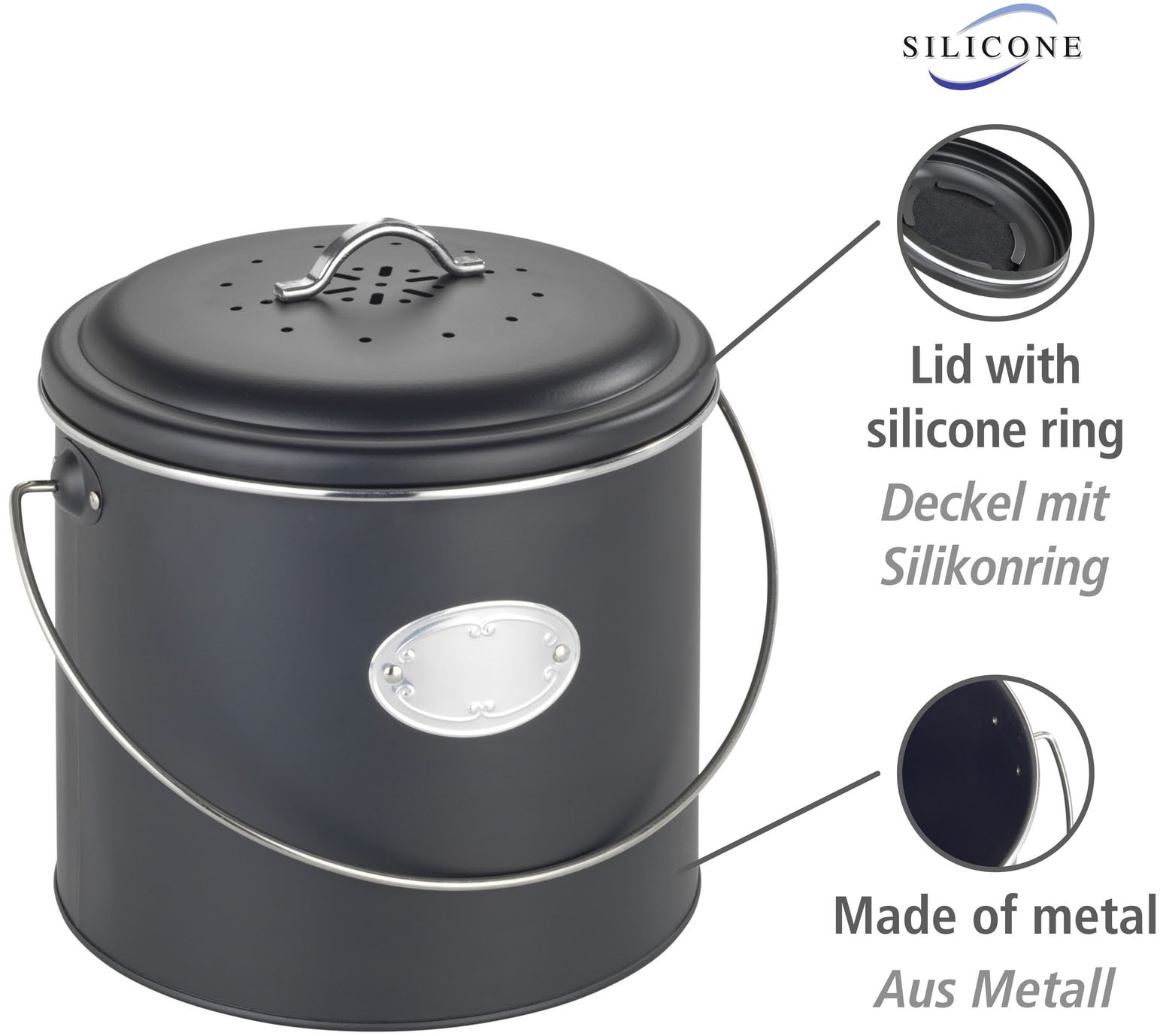 WENKO Biomülleimer »Modell Nero« Komposteimer aus Metall, inkl. 3 Aktivkohlefiltern zum Wechseln, 6 L