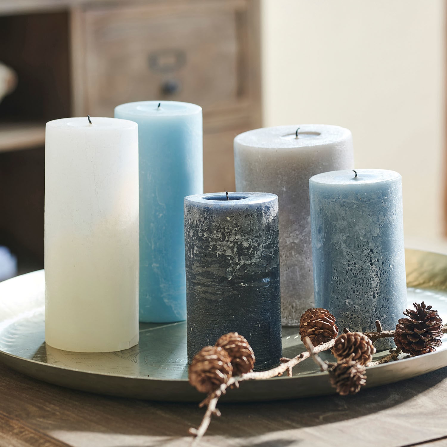 Kerze 5er Set Panagra blau/grau