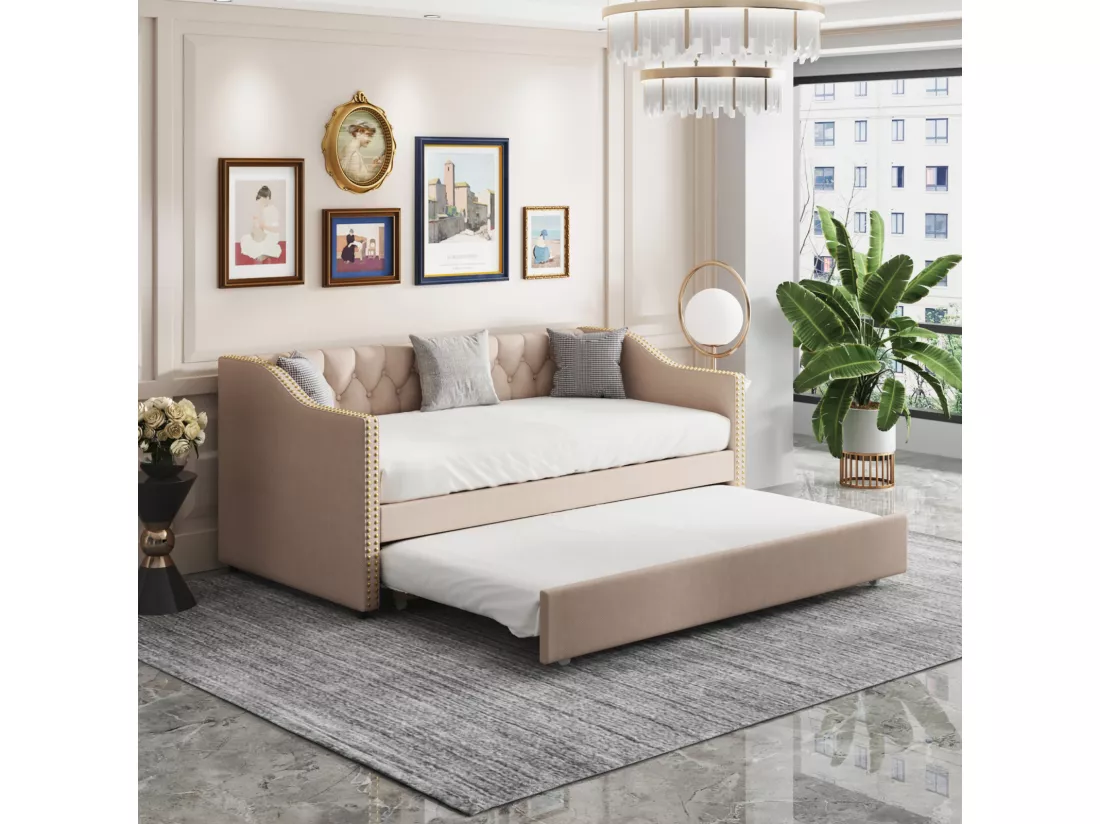 lit gigogne 90x200cm, canapé-lit, lit banquette 2 places, sommiers à lattes, canapé lit convertible style moderne - Beige