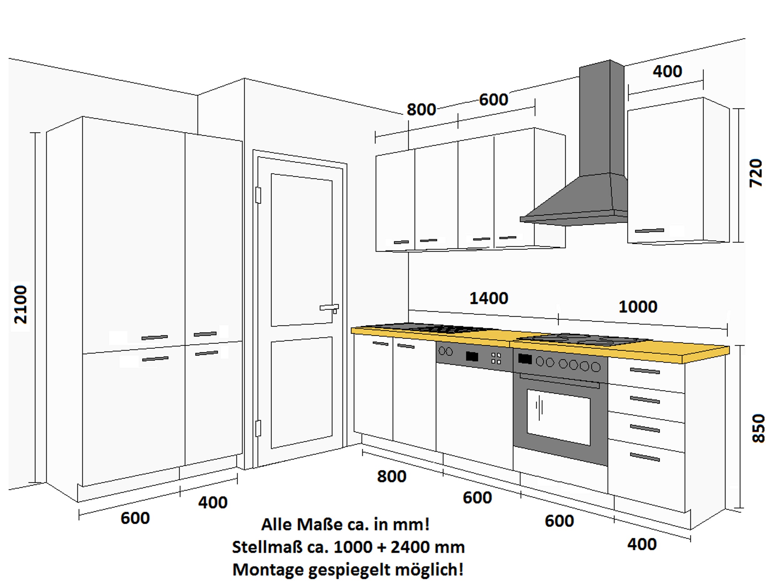 Küche Eko White 240 + 100cm weiß Küchenzeile Küchenblock Einbauküche Singleküche