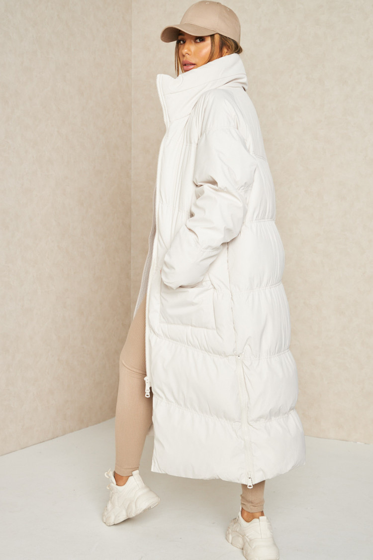 Doudoune longue matelassée beige clair zippée