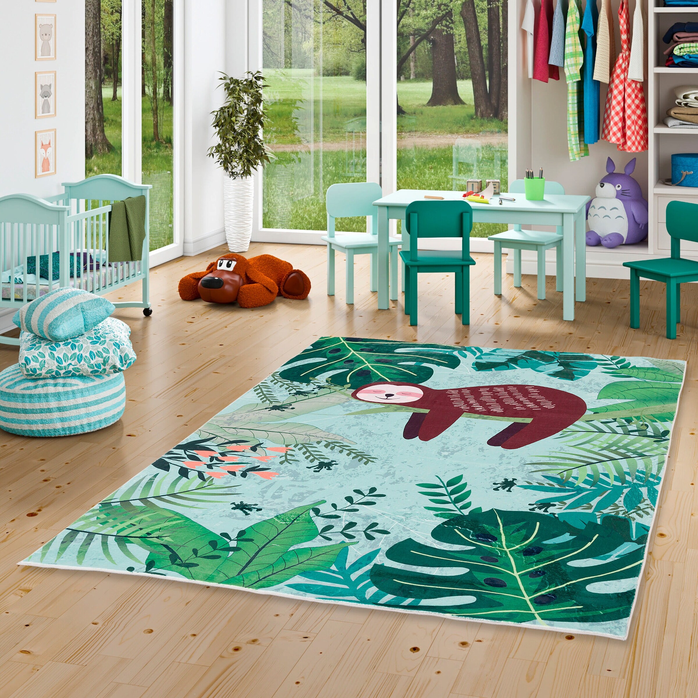 Pergamon Fellteppich Plush Kids Faultier Urwald Bunt - 120x160 cm