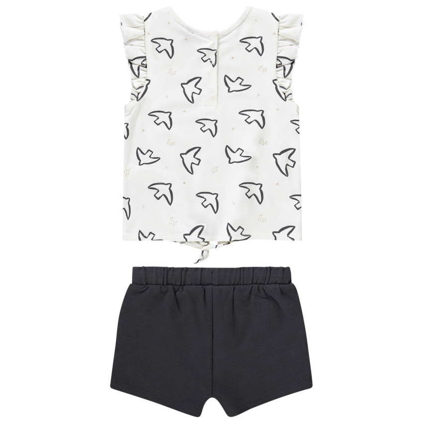 Ensemble short + débardeur imprimé oiseaux fantaisie pour bébé fille