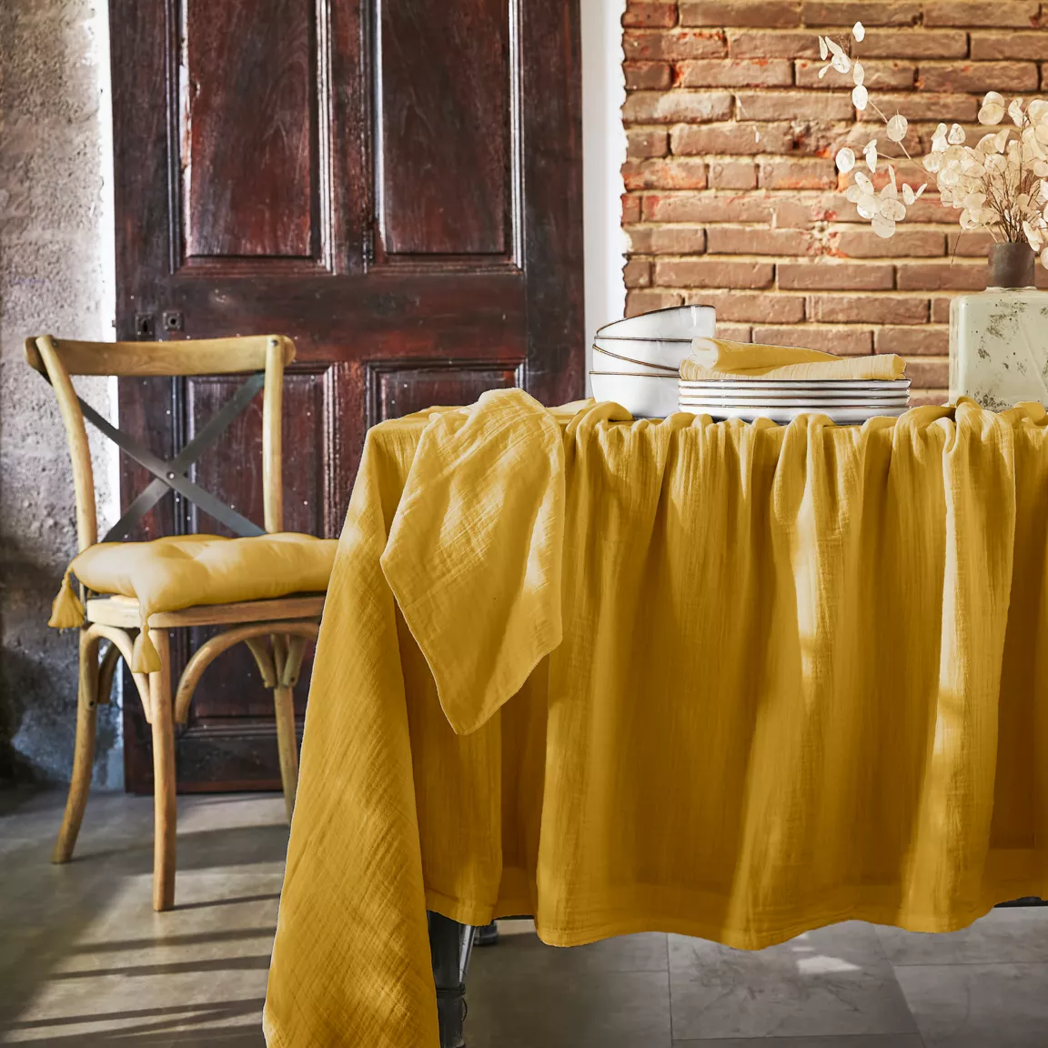 Lot de 3 serviettes gaze de coton (40 x 40 cm) Gaïa Jaune safran