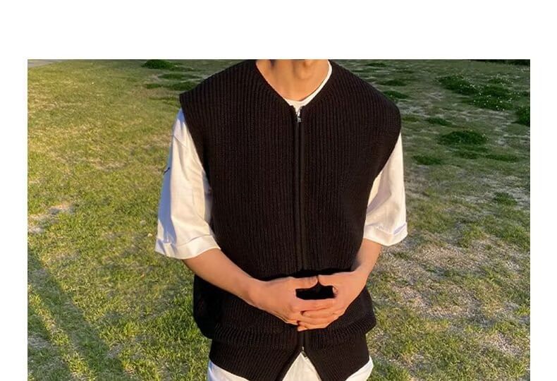 Sinlarity - V-hals vest met rits en effen kleur