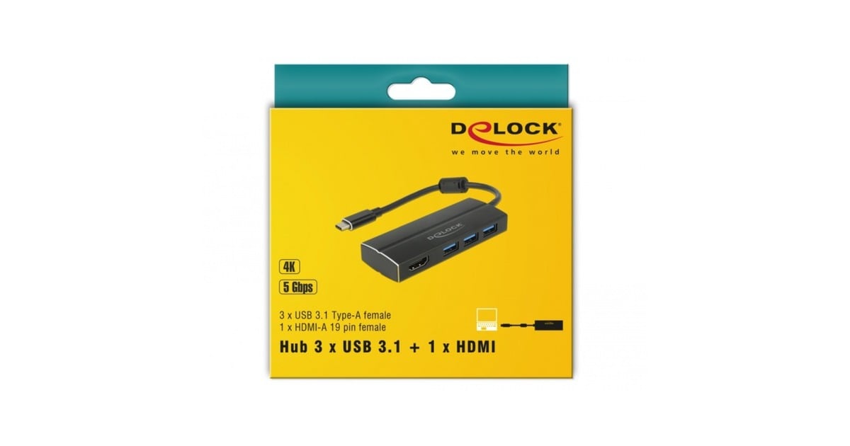 DeLOCKUSB-C 3.1 > 3x USB-A 3.0 Hub + HDMI usb-hub  (Zwart, 0,15 meterr, 4K)