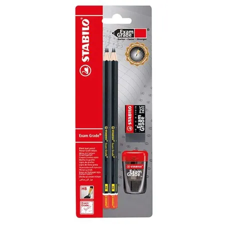 Bleistift-Set - STABILO Exam Grade Bleistift - Härtegrad HB - 4er Pack - inklusive Spitzer und Radiergummi