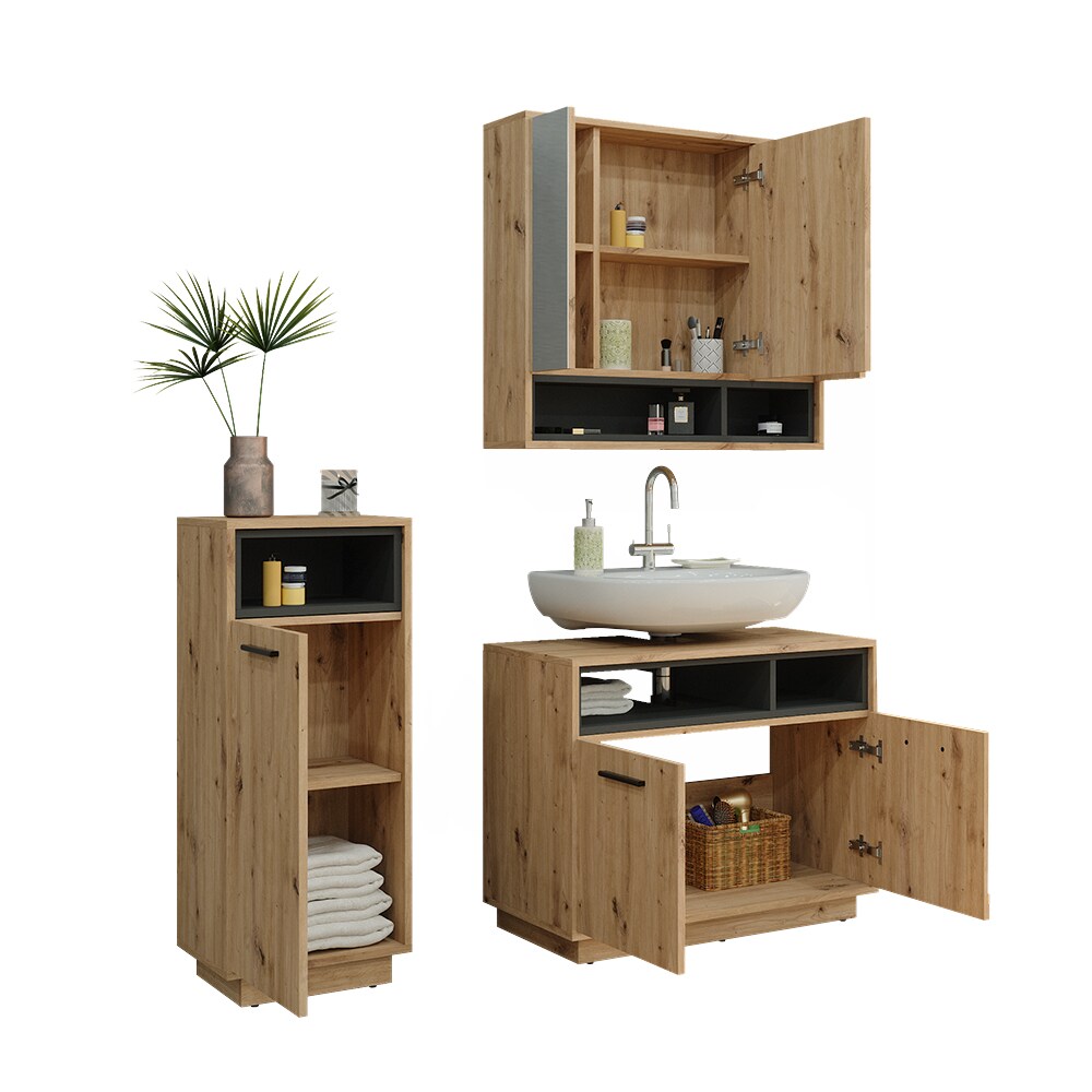 Vicco Badmöbel-Set Badezimmer-Möbel Bad-Schrank Beatrice Eiche Anthrazit modern Badezimmerschrank Waschtischunterschrank Spiegelschrank Midischrank Schranktür Schrankfach