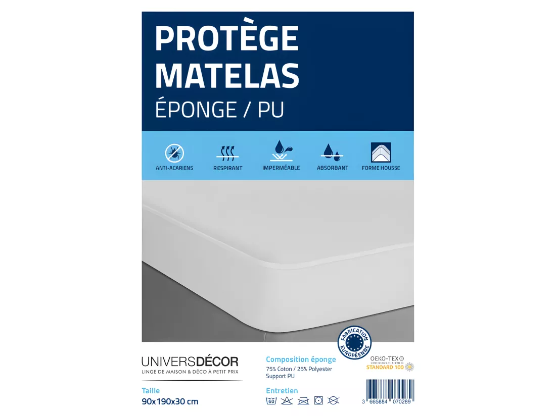 Protège matelas éponge imperméable anti-acariens 90 x 190 + 30 cm
