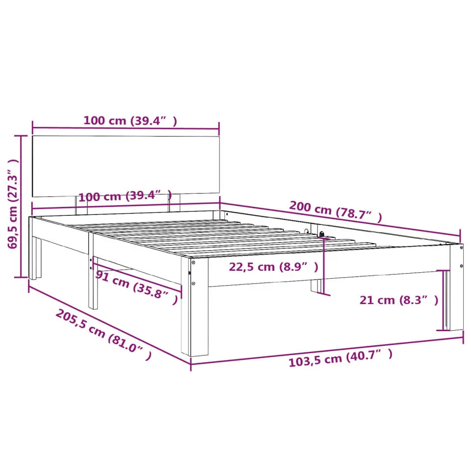 vidaXL - Bed frame met hoofdbord - Wit - Massief grenenhout - 100x200 cm