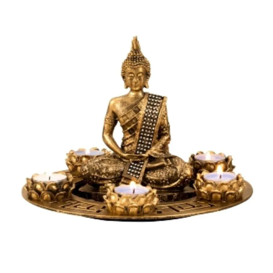 Boeddha beeldje met 5 kaarshouders op schaal - goud - 27 x 20 cm