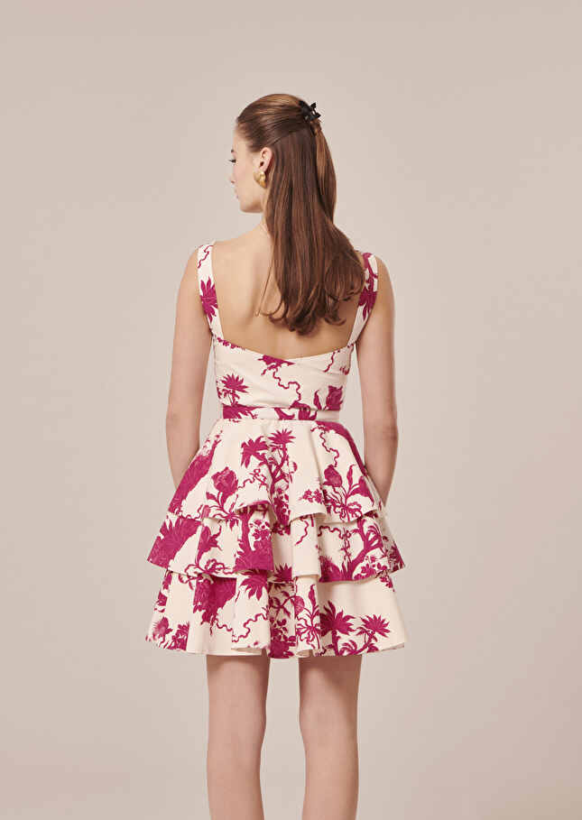 Robe Romanneécrue à motif fleuri bordeaux