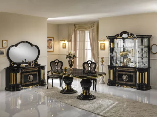 Miroir mural bois vernis laqué brillant noir et doré Lesly 130cm