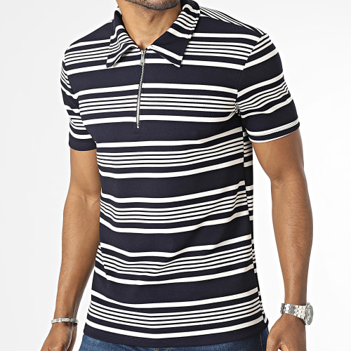 Polo Manches Courtes Col Zippé A Rayures Bleu Marine