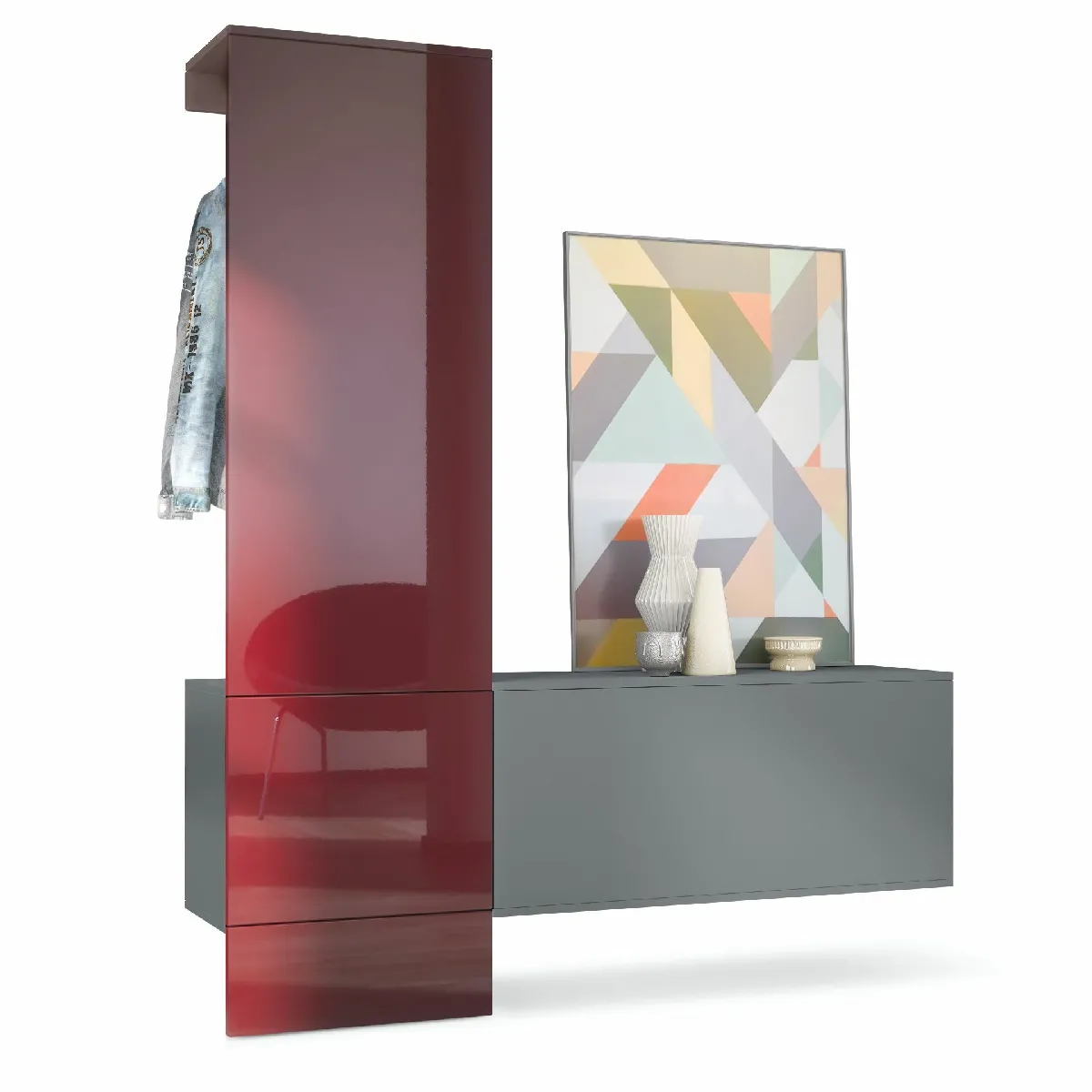 MPC Vestiaire - Gris et bordeaux laqué - 156.5 x 193 x 35 cm