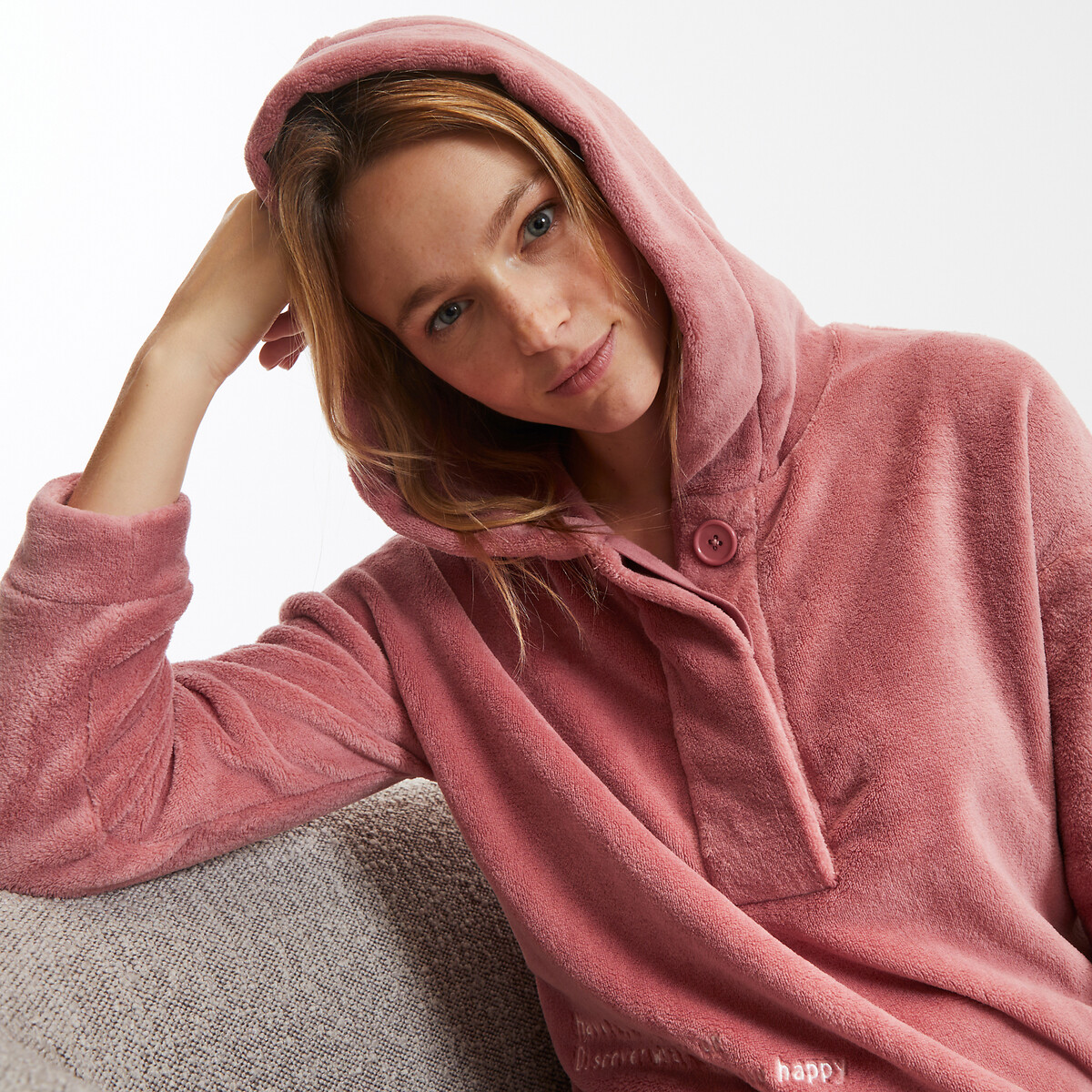 SO'HOME<br>Pijama de lã polar com capuz e fechamento por botões