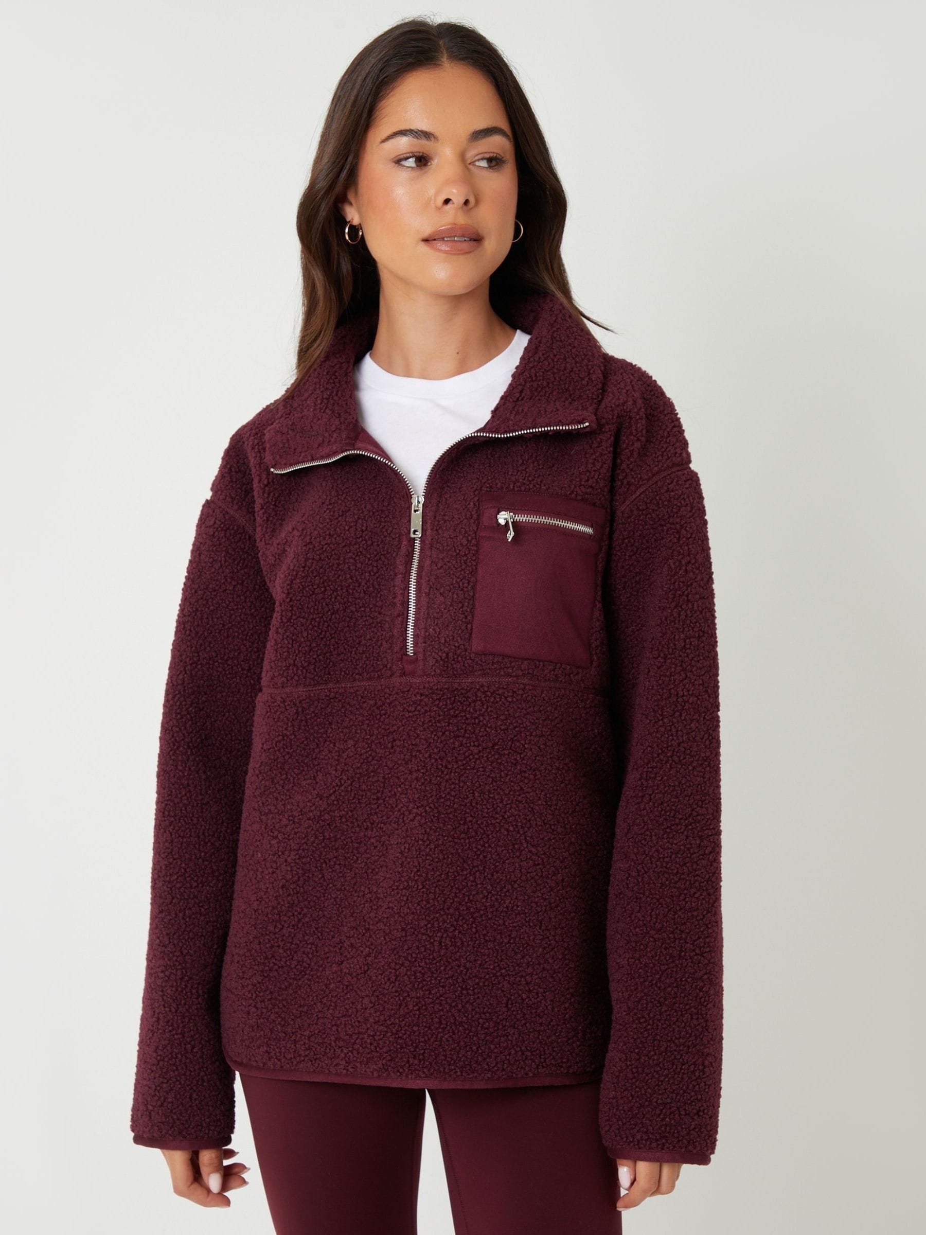 Bordeauxrood - Threadbare borgfleece met korte rits