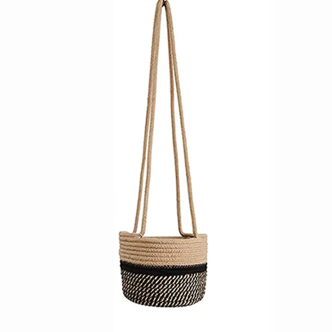 (Ø20x71cm) Hanfseil Korb Boho Deko Blumentopf Hygge Lifestyle Hängender Pflanzen Übertopf - Schwarz / Braun