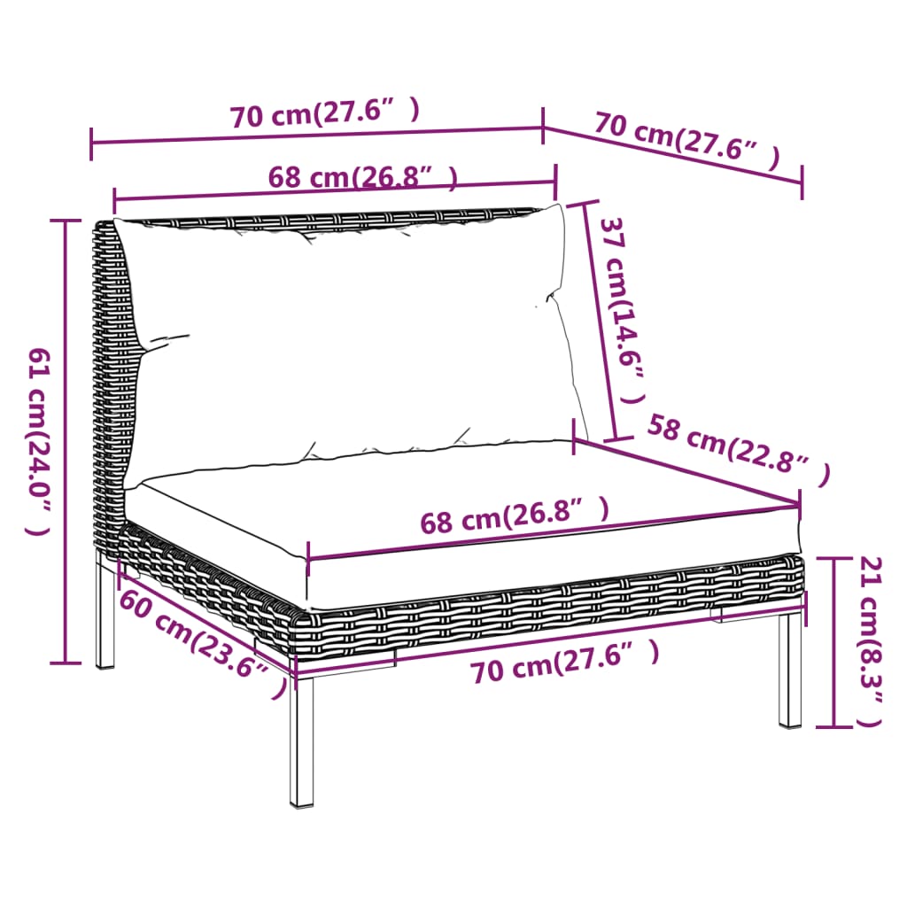 Salon de jardin meuble d'extérieur ensemble de mobilier 9 pièces avec coussins résine tressée gris foncé