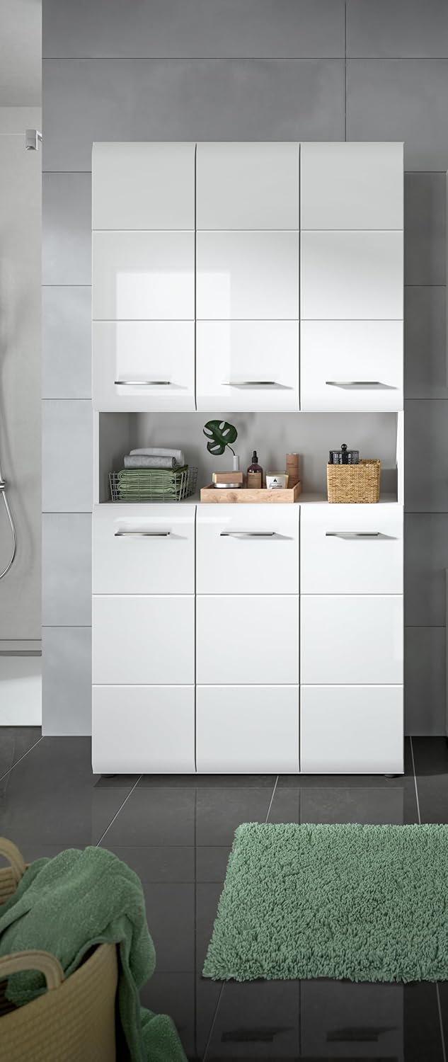 xonox.home – Mehrzweckschrank Ice 90x185x30 cm in Korpus weiß Nachbildung und Front weiß Hochglanz – weißer Badschrank Hochschrank breit – modern & platzsparend