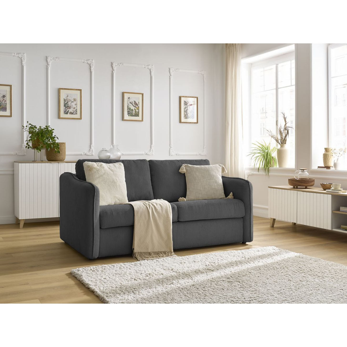 Bobochic Canapé droit convertible express en Velours côtelé 3 places Lenny gris foncé - 178x102x89 cm