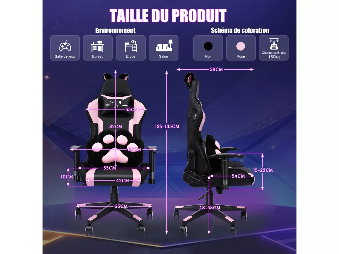 Chaise de jeu avec haut-parleurs, vidéo et lumière RGB, chaise ergonomique de course, fauteuil inclinable en cuir PU, chaise d'ordinateur pivotante pour e-sport avec appui-tête, accoudoirs, support lombaire (repose-pieds, LED, haut-parleurs, rose)