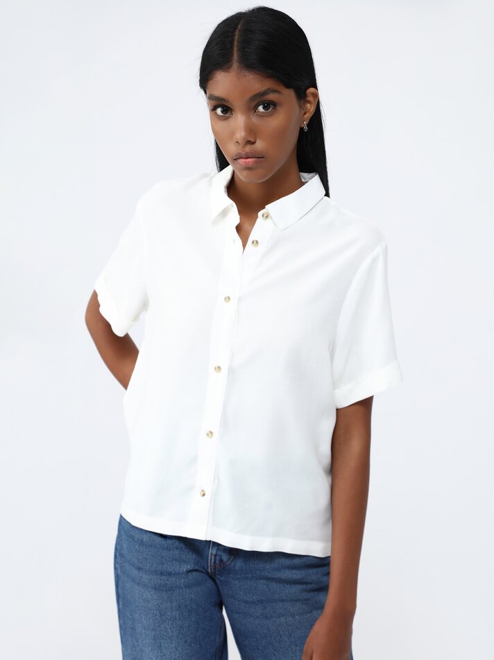 Camisa de manga curta com franzidos - Branco-creme
