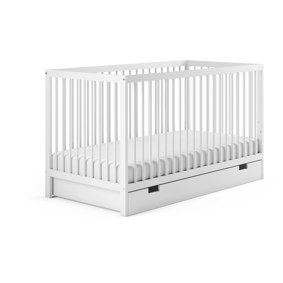 Kids Collective Babybett Gitterbett 60x120 | 70x140 höhenverstellbar & herausnehmbare Sprossen weiß mit Schubl. und Matratze