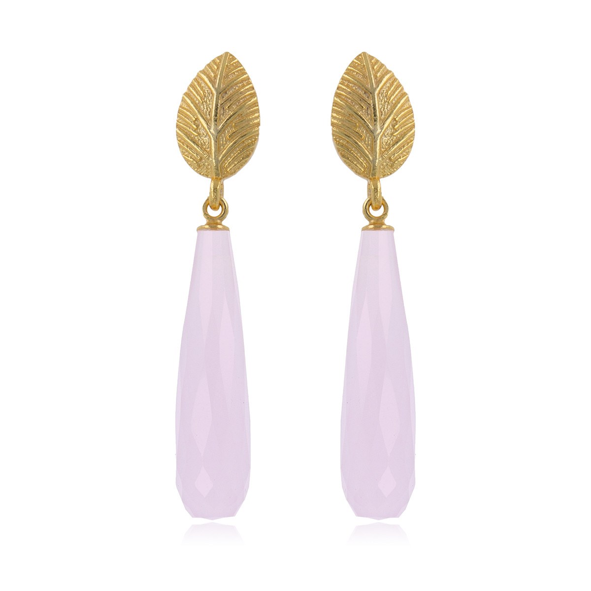 Boucles d'Oreilles Quartz Rose en Argent 925 avec Feuille Dorée à l'Or Fin | Aden Boutique